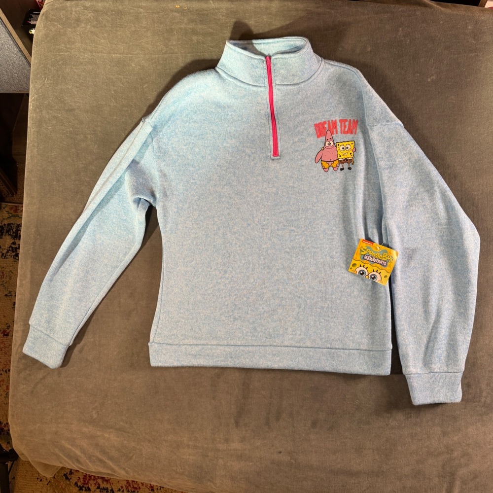 Kids Spongebob Light Blue Dream Team Quarter Zip Pullover Sweatshirt Size M
